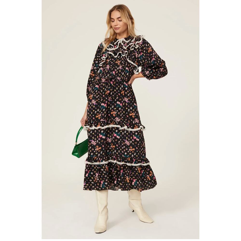 HOFMANN Copenhagen $450 Black Floral Crochet Ruffle Tiered Maxi Dress